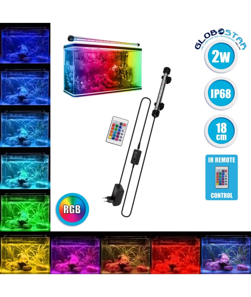 GloboStar® 79670 Φωτιστικό Ενυδρείου 18cm LED 2W 180° AC 230V Αδιάβροχο IP68 με Ασύρματο Χειριστήριο IR Πολύχρωμο RGB